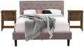 East West Furniture NL14Q-2VL07 3 Pc Bed Set - Queen Size Button Tufted Bed - Brown Taupe Velvet Fabric Upholstered Headboard and a Distressed Jacobean Finish Nightstand
