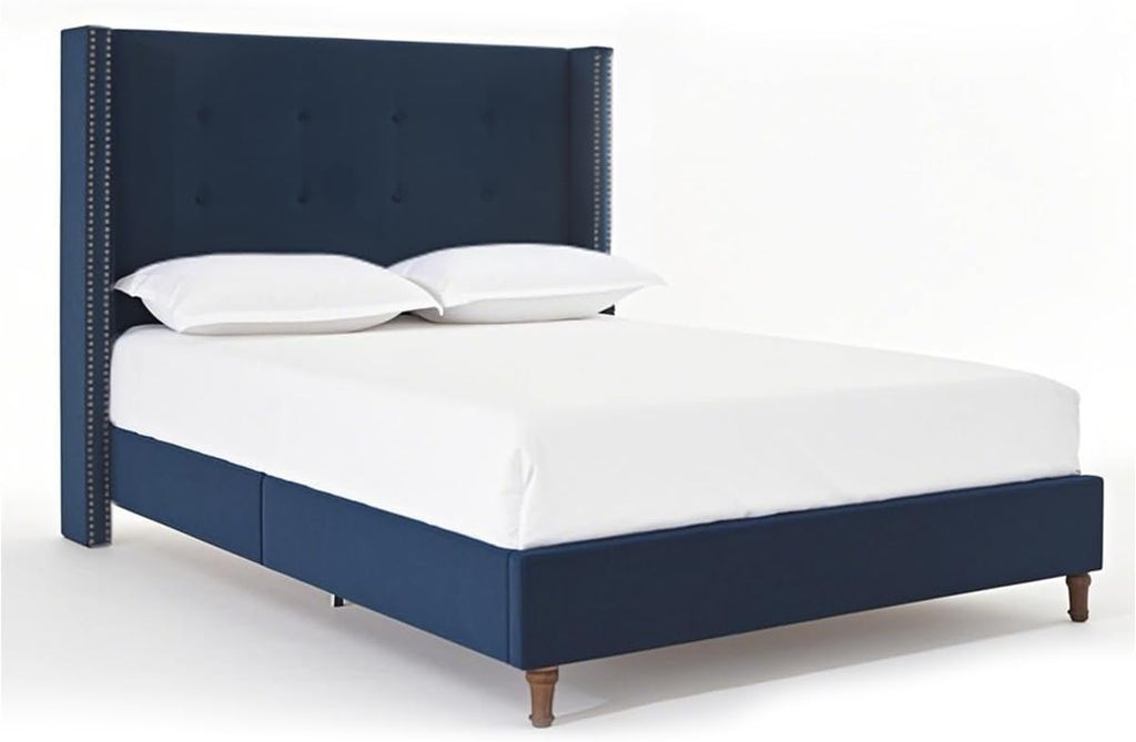 Queen Size Bed Frame,54'High Headboard Button Tufted Nailhead Trimmed Backrest Headboard,Velvet Metal Upholstered Platform Bed Frame,Wooden Slats Provide Strong Support,No Springs Required,Blue