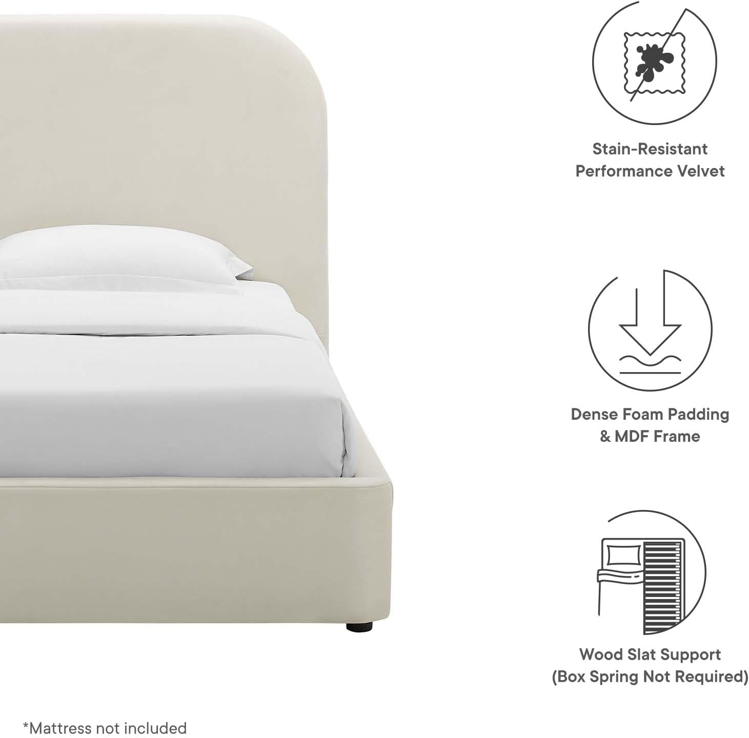 Modway Keynote Modern Bed Frame, Twin Size with Curve Shaped Headboard in Alabaster