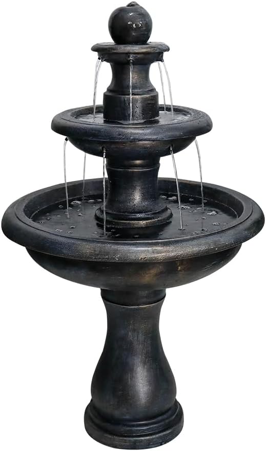 SunJet 45.2' High 3-Tiers Modern Concrete Outdoor Water Fountain - Round Large Outdoor Fountains and Waterfalls for Garden, Patio, Yard, and Deck Decor, Featuring Natural Stone Look (Black, 45.2inch)