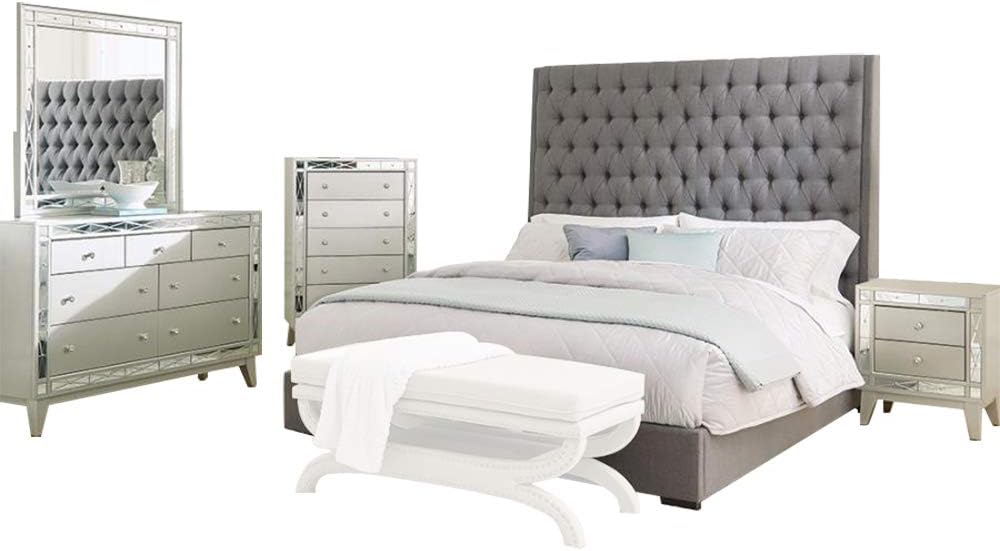 Coaster Home Furnishings Camille Modern Classic 5-Piece Bedroom Set Fabric Upholstered Queen Size Panel Bed Frame 71-inch Headboard Metallic Mercury 300621Q-S5