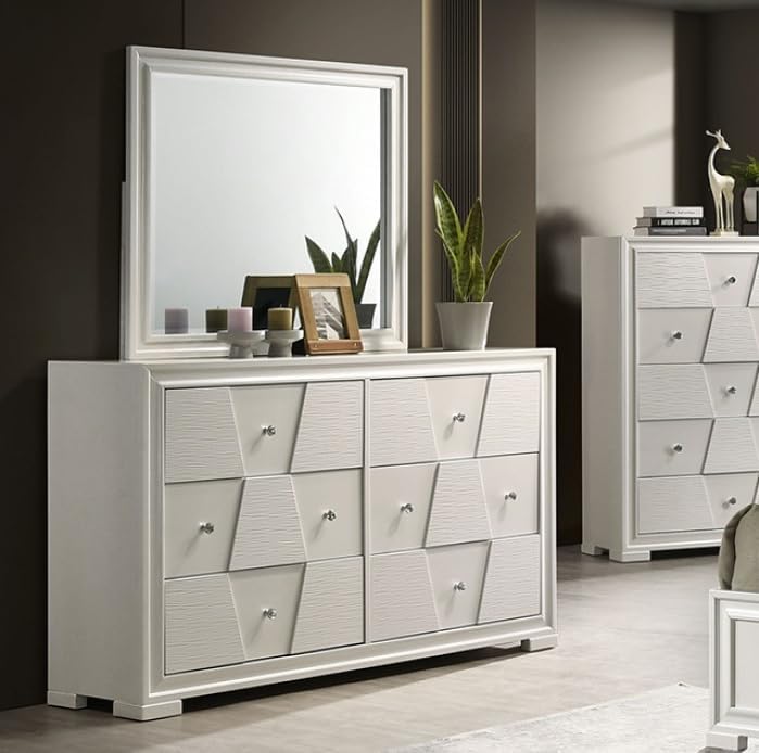 MASARA 5-Piece Contemporary Bedroom Set, Queen Size, White, Solid Rubberwood with Textured Panels.
