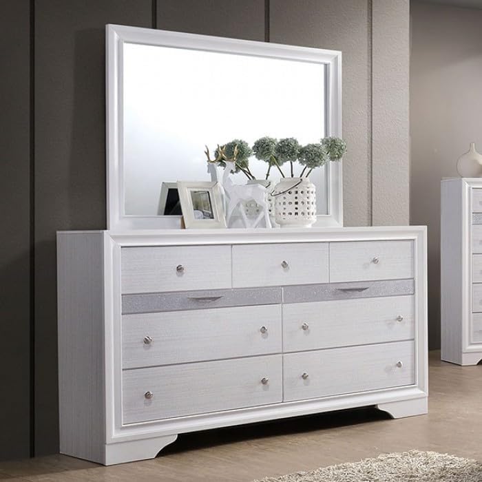 MASARA 5-Piece Queen Bedroom Set, Contemporary White with Silver Accents, Panel Bed with Storage.