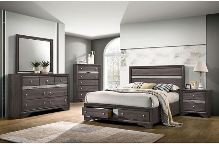 MASARA 5-Piece Queen Bedroom Set, Contemporary Gray with Silver Accents, Panel Bed with Storage.