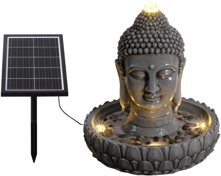 Solar Powered Buddha Statue Water Fountain Outdoor, Zen Waterfall Fountain with LED Lights, Peaceful Relaxing Water Feature Landscape Decor for Garden, Patio, Yard