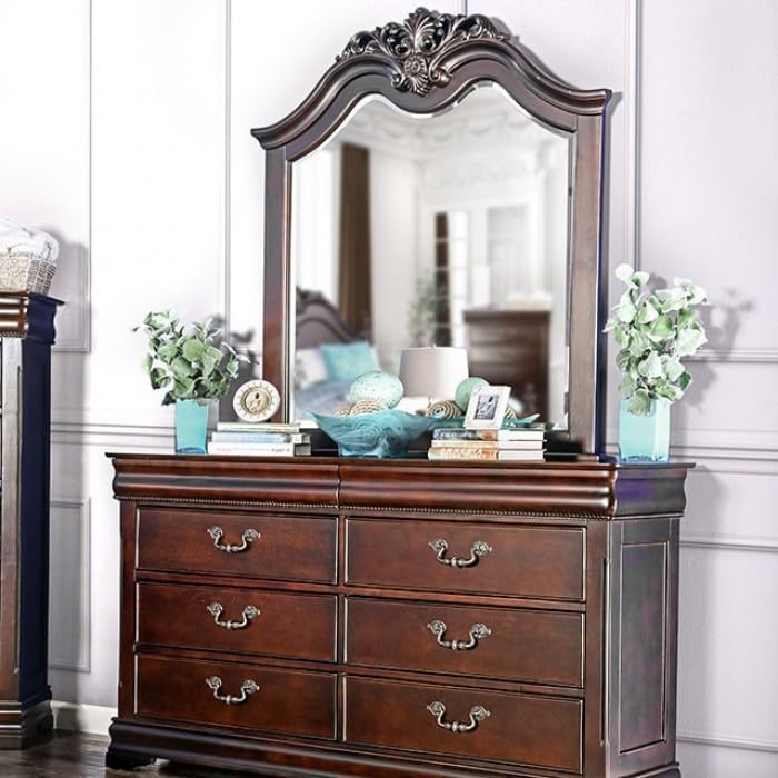 MASARA 5-Piece Traditional Queen Bedroom Set, Cherry Finish, Low Post Bed with Ornate Details.