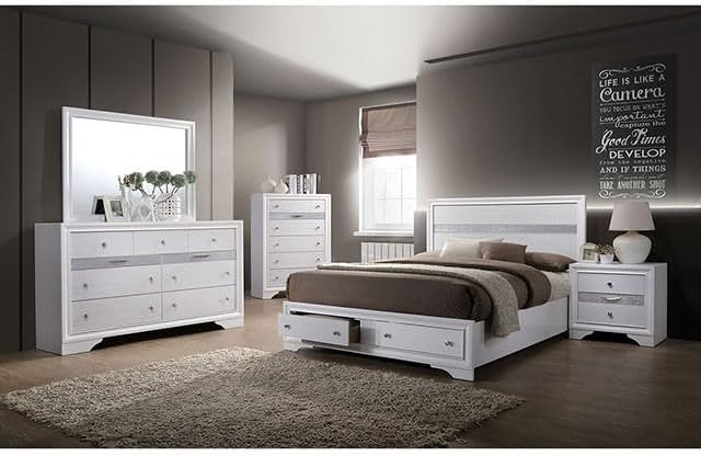 MASARA 5-Piece Queen Bedroom Set, Contemporary White with Silver Accents, Panel Bed with Storage.