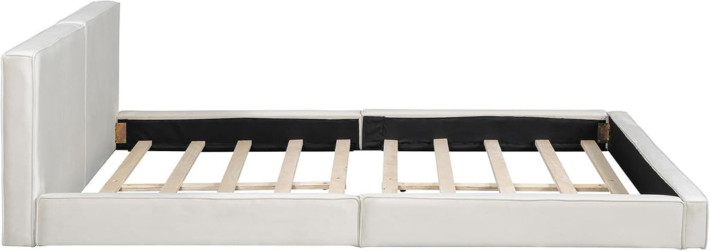 Queen Size Upholstered Platform Bed with Velvet Fabric Headboard, Solid Wood Grounded Bed Frame with Slats Support for Bedroom, Easy Assembly,No Box Spring Needed (Beige-173J)
