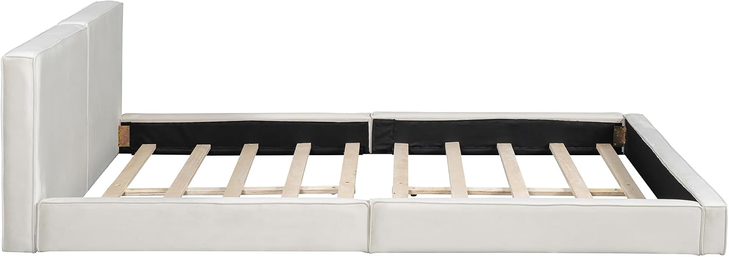 Queen Size Upholstered Platform Bed with Velvet Fabric Headboard, Solid Wood Grounded Bed Frame with Slats Support for Bedroom, Easy Assembly,No Box Spring Needed (Beige-173J)