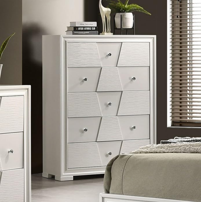 MASARA 5-Piece Contemporary Bedroom Set, Queen Size, White, Solid Rubberwood with Textured Panels.