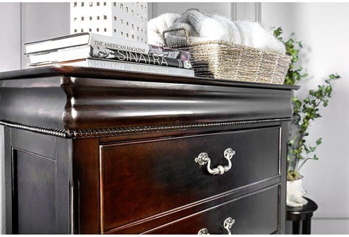 MASARA 5-Piece Traditional Queen Bedroom Set, Cherry Finish, Low Post Bed with Ornate Details.