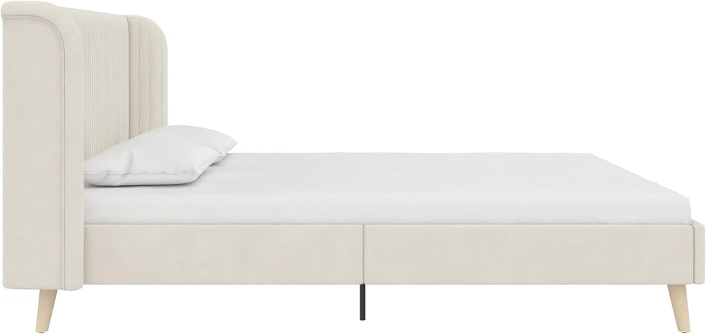 Novogratz Holly Upholstered Wingback Bed Frame, Queen, Ivory Velvet