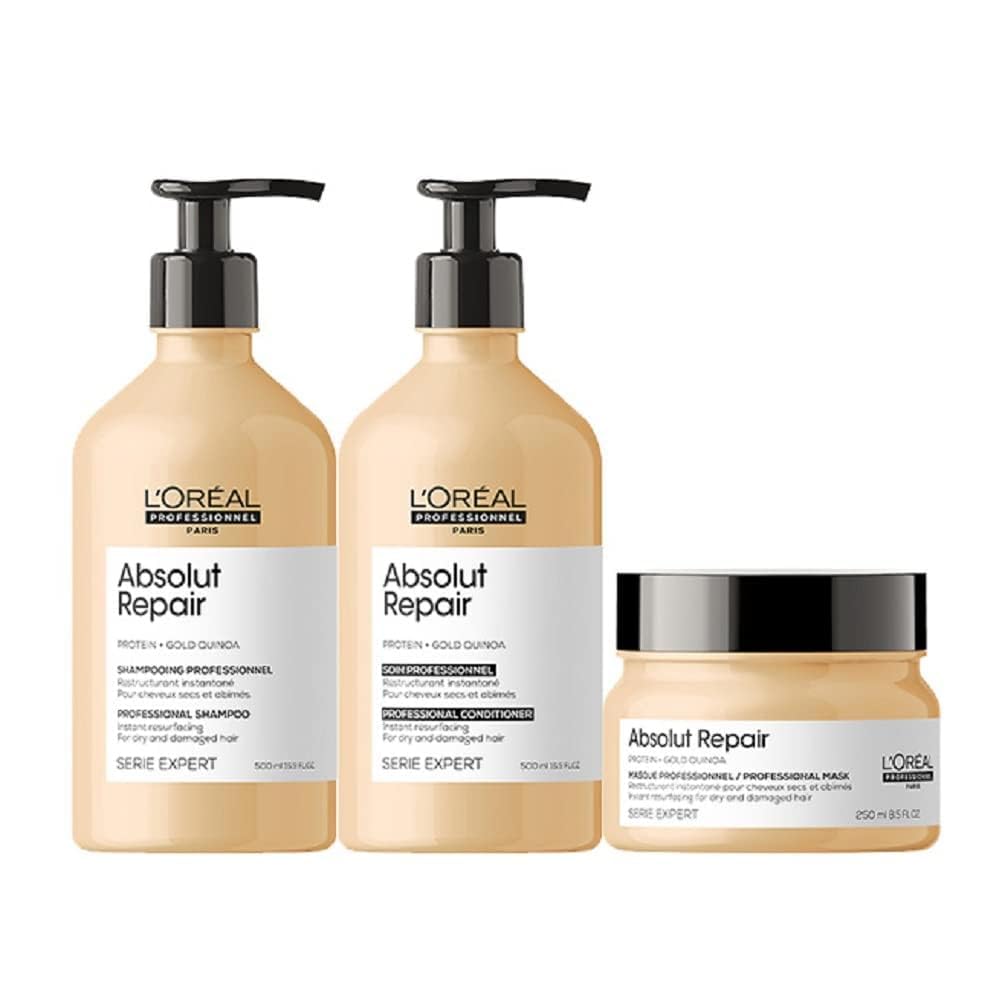 L'Oréal Professionnel Paris Absolut Repair Shampoo, Conditioner & Mask Hair Set - Protein Treatment For Dry & Damaged Hair, Repairs Damage & Provides Shine