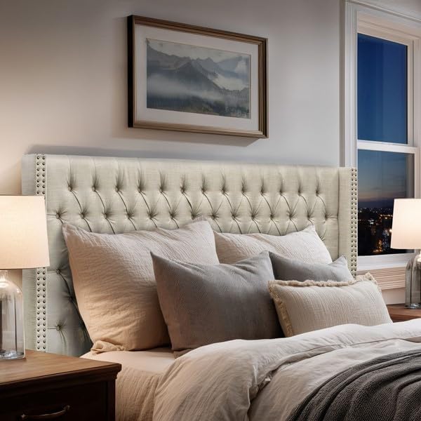 Madison Park Amelia Headboard-Wingback Queen Size Headboard, Upholstered Headboard for Adjustable Beds, Hand-Tufted Button Detail, Padded Fabric, Classic & Transitional Bedroom Style, Beige Woven
