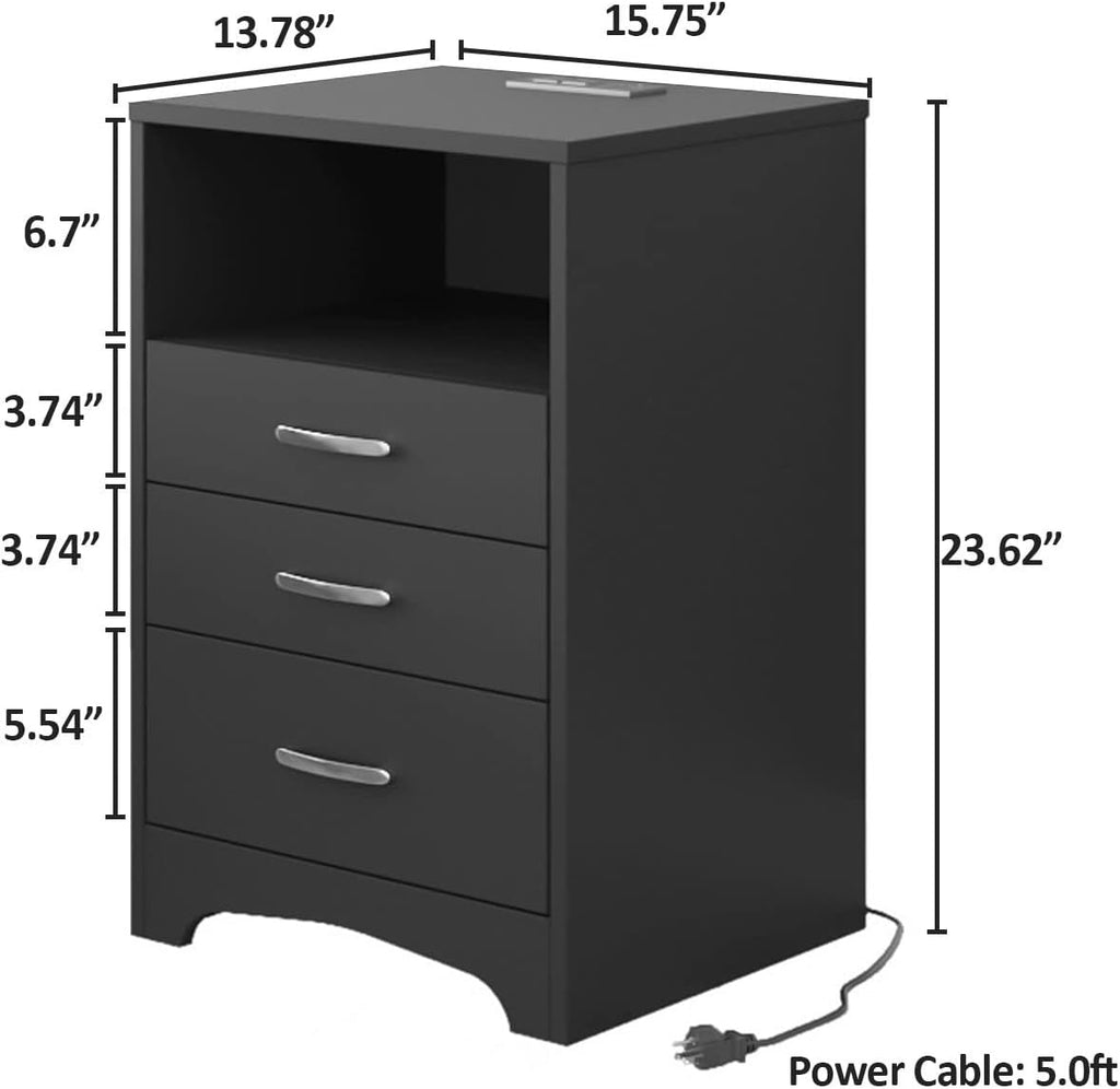 Black Nightstand Set of 2, 3 Drawer Nightstand with Charging Station Side Table with Open Storage Bedside End Table NightStands Storage Cabinet for Bedroom