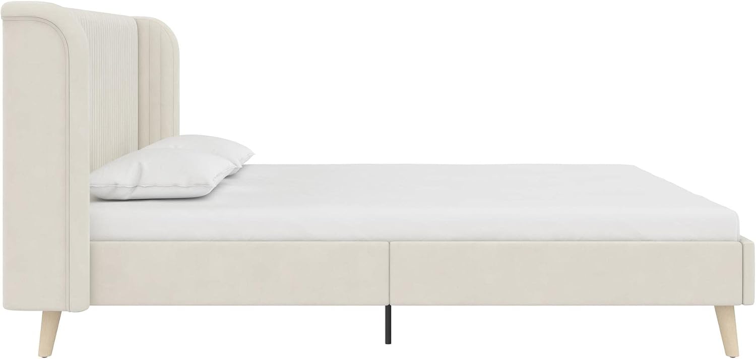 Novogratz Holly Upholstered Wingback Bed Frame, Queen, Ivory Velvet