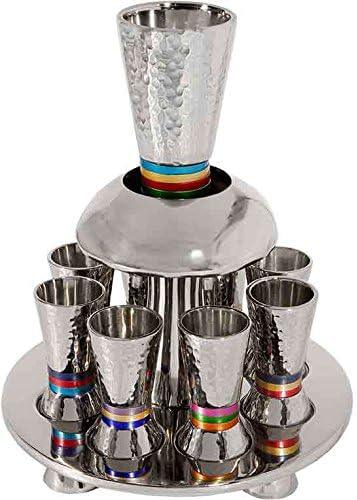 Yair Emanuel Wine Fountain Hammered Nickel Cone Shaped Cups Decorated with Colored Rings (Multi Color Rings)