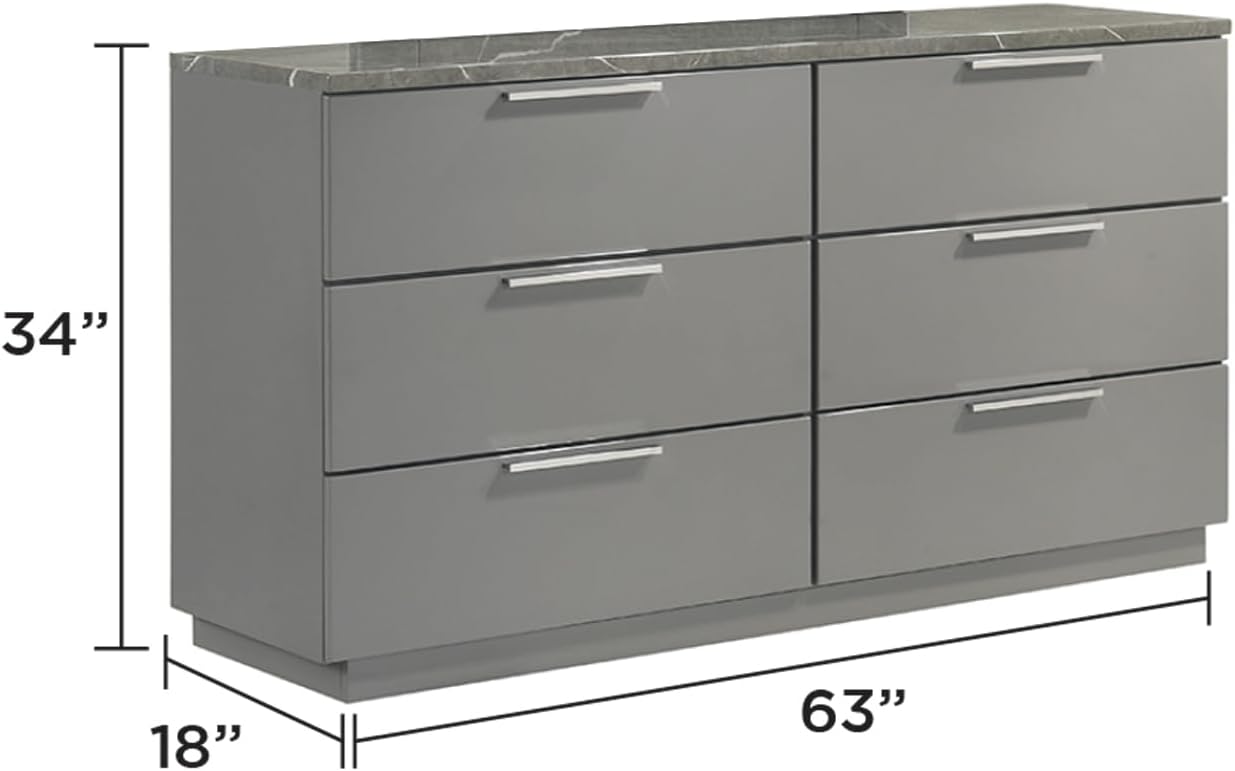 Modern Queen Bedroom Set: 4-Piece Gray Two-Tone Marble & Lacquer Furniture - LED Lighting Headboard & Red Velvet Drawers - Metal Legs for Luxurious Master Bedroom