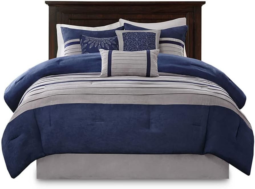 Madison Park Cozy Comforter Set-Luxury Faux Suede Design, Striped Accent, All Season Down Alternative Bedding, Matching Shams, Decorative Pillow, Blue, California King (104 in x 92 in)