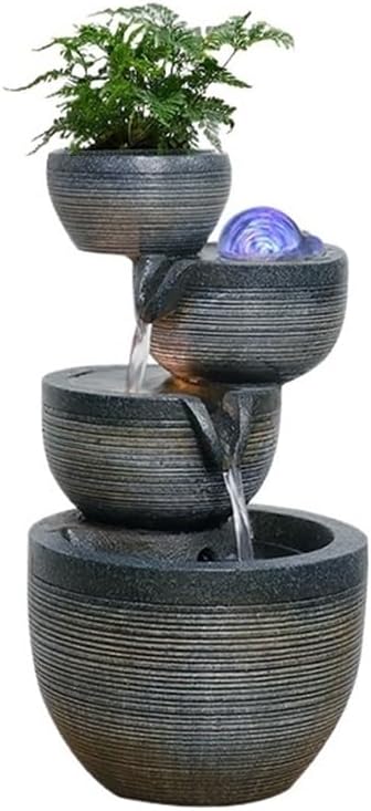 Indoor Fountain – Cascading Water Feature, Resin Fountains with LED Lights/Rolling Ball/Automatic Pump for Home, Decorative Tabletop Waterfall with Pot to Grow Plant by Yourself(A)