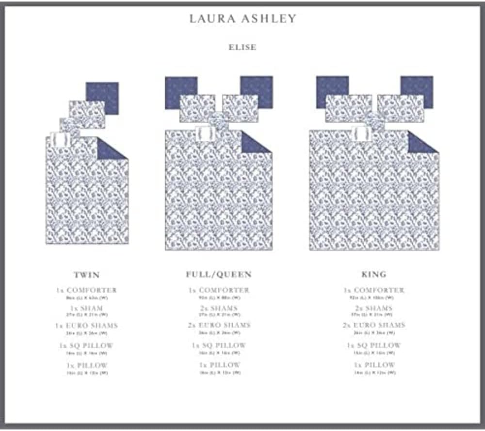 Laura Ashley Home - Twin Comforter Set, Reversible Cotton Bedding, Includes Matching Sham with Bonus Euro Sham & Throw Pillows (Elise Blue, Twin)