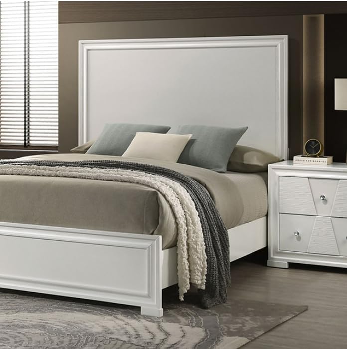 MASARA 5-Piece Contemporary Bedroom Set, Queen Size, White, Solid Rubberwood with Textured Panels.