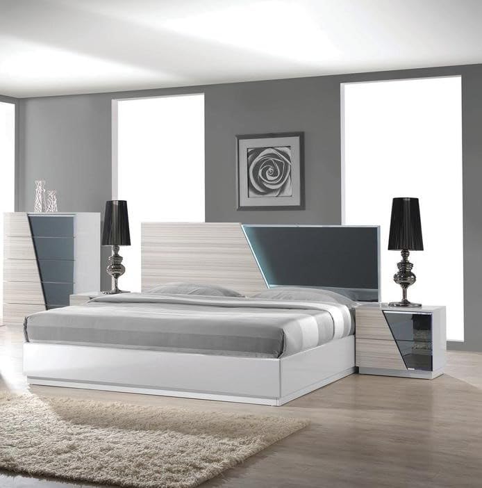 Modern 5-Piece Queen Size Bedroom Set, LED Lighting, High Gloss Lacquer Finish Wooden Bedroom Set, Zebra Gray