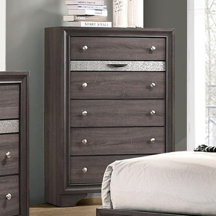MASARA 5-Piece Queen Bedroom Set, Contemporary Gray with Silver Accents, Panel Bed with Storage.