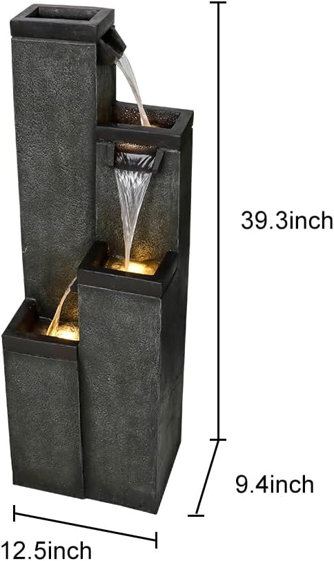Modern Floor-Standing Water Fountain 39.3' High, Indoor Outdoor Water Fountain with Lights for Home, Garden, Patio Decor