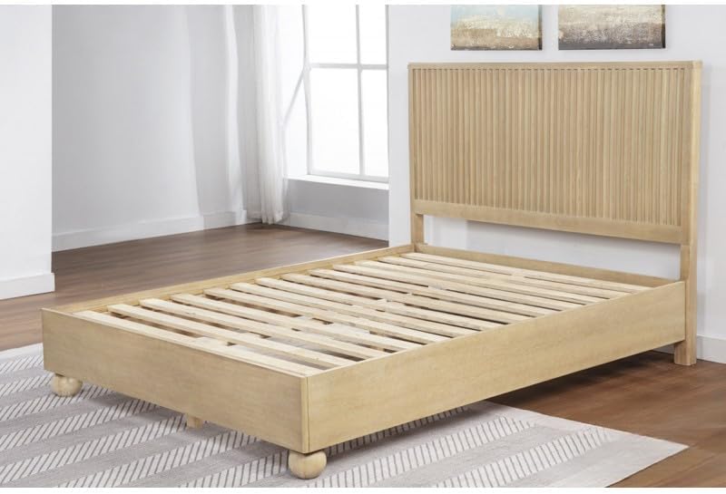 5 Piece Modern Wooden Queen Size Bedroom Furniture Set, Fluted Panels Design, Rounded Legs, Light Oak Wood Bedroom Set