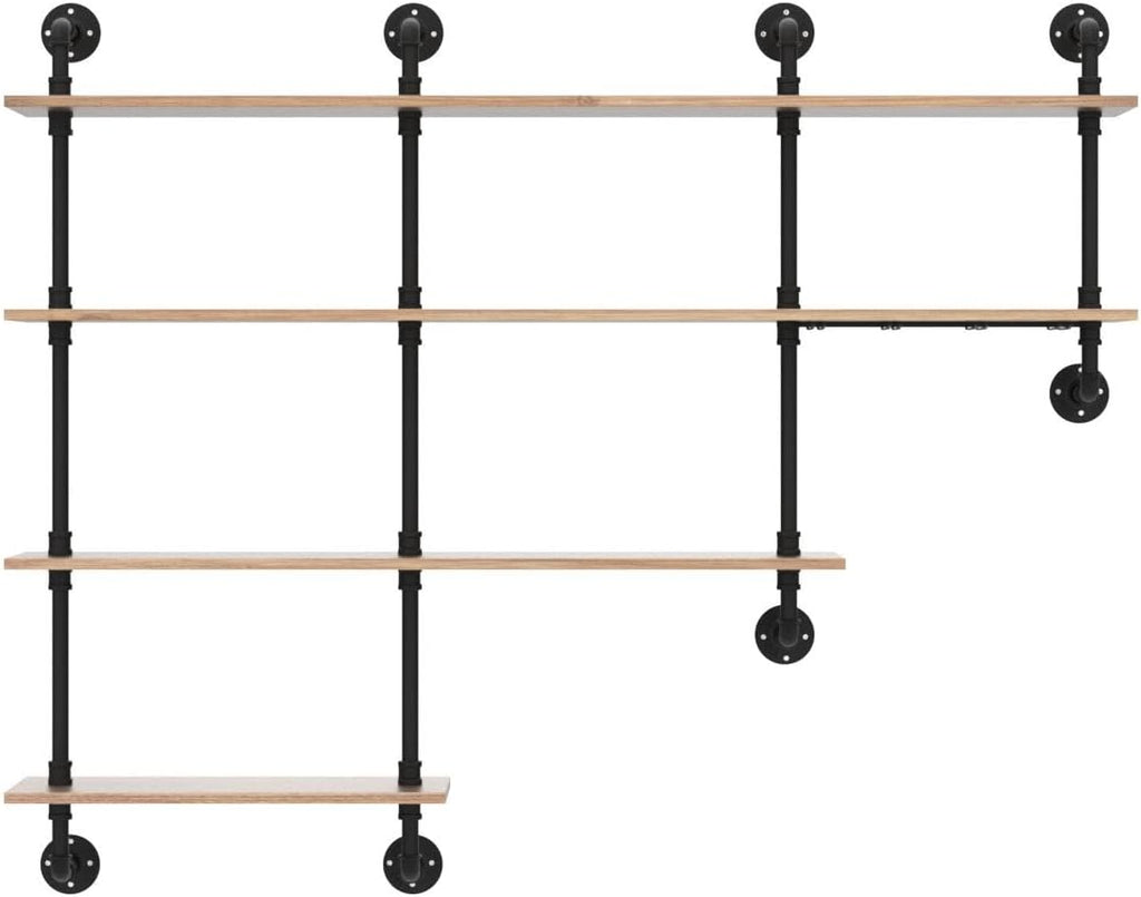 MBQQ 4-Tiers 63inch Industrial Pipe Shelving,Rustic Wooden&Metal Floating Shelves,Home Decor Shelves Wall Mount with Wine Rack,Black