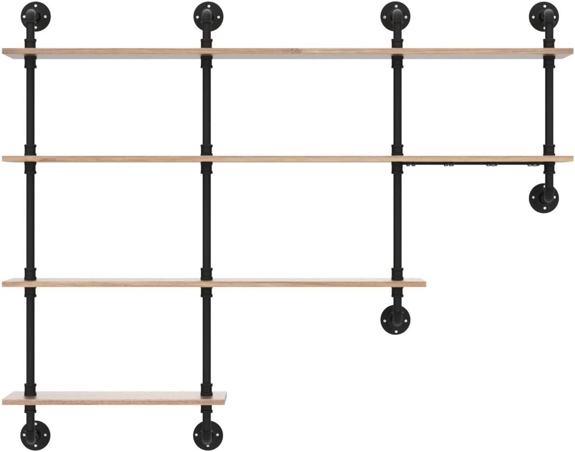 MBQQ 4-Tiers 63inch Industrial Pipe Shelving,Rustic Wooden&Metal Floating Shelves,Home Decor Shelves Wall Mount with Wine Rack,Black