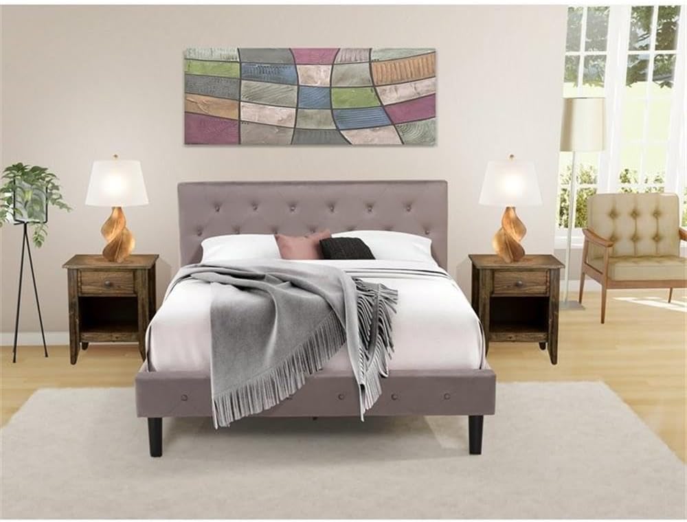 East West Furniture NL14Q-2GA07 3 Piece Bedroom Set - Button Tufted Queen Size Bed - Brown Taupe Velvet Fabric Upholstered Headboard with and a Distressed Jacobean Finish Nightstand