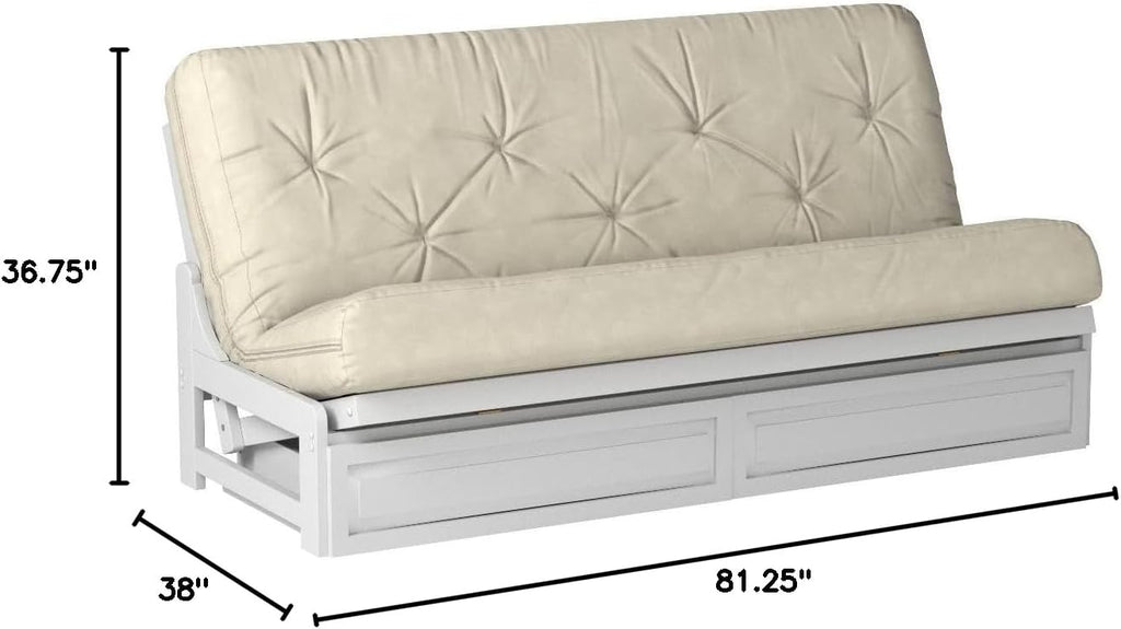 Nirvana Futons Arden White Futon with Storage Drawers Queen Size - Minimalist Armless Design with 8 Inch Comfortable Mattress (Twill Ivory), Sofa Bed Available in