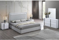 5-Piece Queen Size Modern Bedroom Set, Gray/White Wood Frame wih Mirror Trim, High Gloss Finish Bed Set