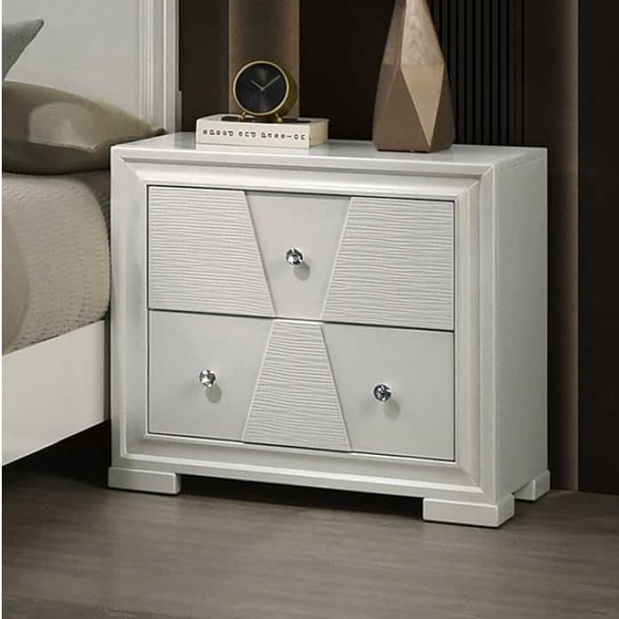 MASARA 5-Piece Contemporary Bedroom Set, Queen Size, White, Solid Rubberwood with Textured Panels.