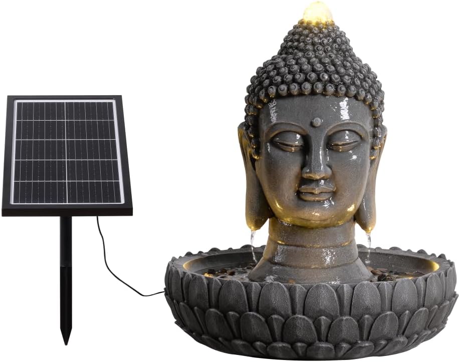Solar Powered Buddha Statue Water Fountain Outdoor, Zen Waterfall Fountain with LED Lights, Peaceful Relaxing Water Feature Landscape Decor for Garden, Patio, Yard