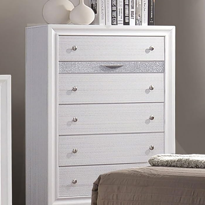 MASARA 5-Piece Queen Bedroom Set, Contemporary White with Silver Accents, Panel Bed with Storage.