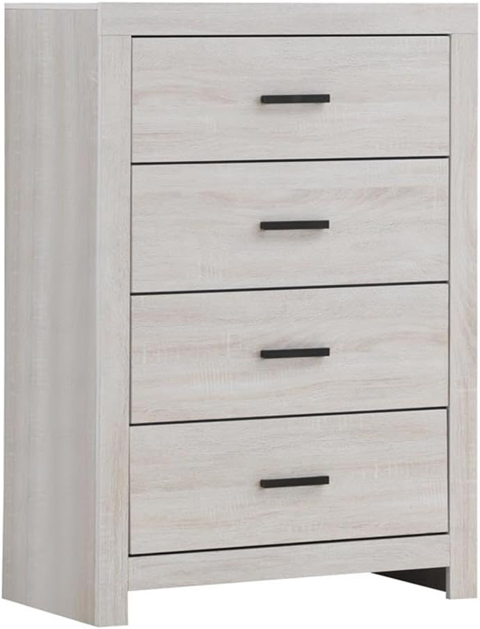Pemberly Row 5-Piece Queen Panel Bedroom Set, Coastal White Finish, Includes Bed, Nightstand, Dresser, Mirror, Chest, Asian Tropical Wood, Rustic Style, Vertical Paneling, Brushed Nickel Hardware