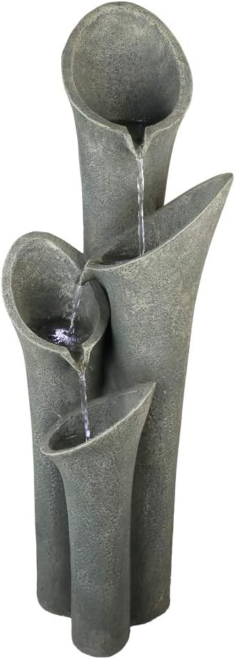 Faux Stone Patio Water Fountain 33 1/2', Bell 4-Tier Cascading Floor Fountain Indoor Outdoor Waterfall Feature with LED Lights for Home Garden Decor