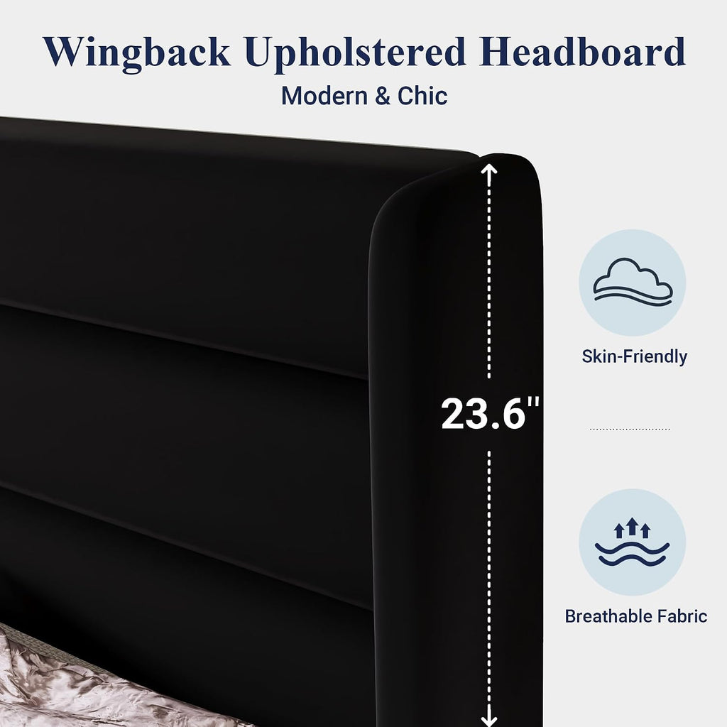 Allewie Queen Size Platform Bed Frame with Velvet Upholstered Wingback Headboard, No Box Spring Needed, Under Bed Storage Space, Strong Wooden Slats, Modern Mattress Foundation, Easy Assembly, Black