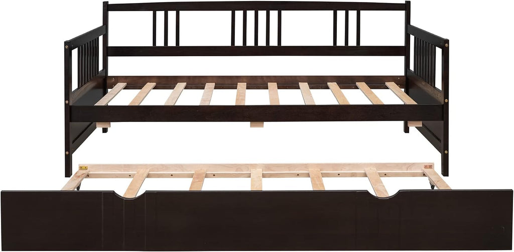 Merax Daybed with Trundle Bed Wooden Slats Support Modern Living Daybed with Rails, Twin Size, Espresso