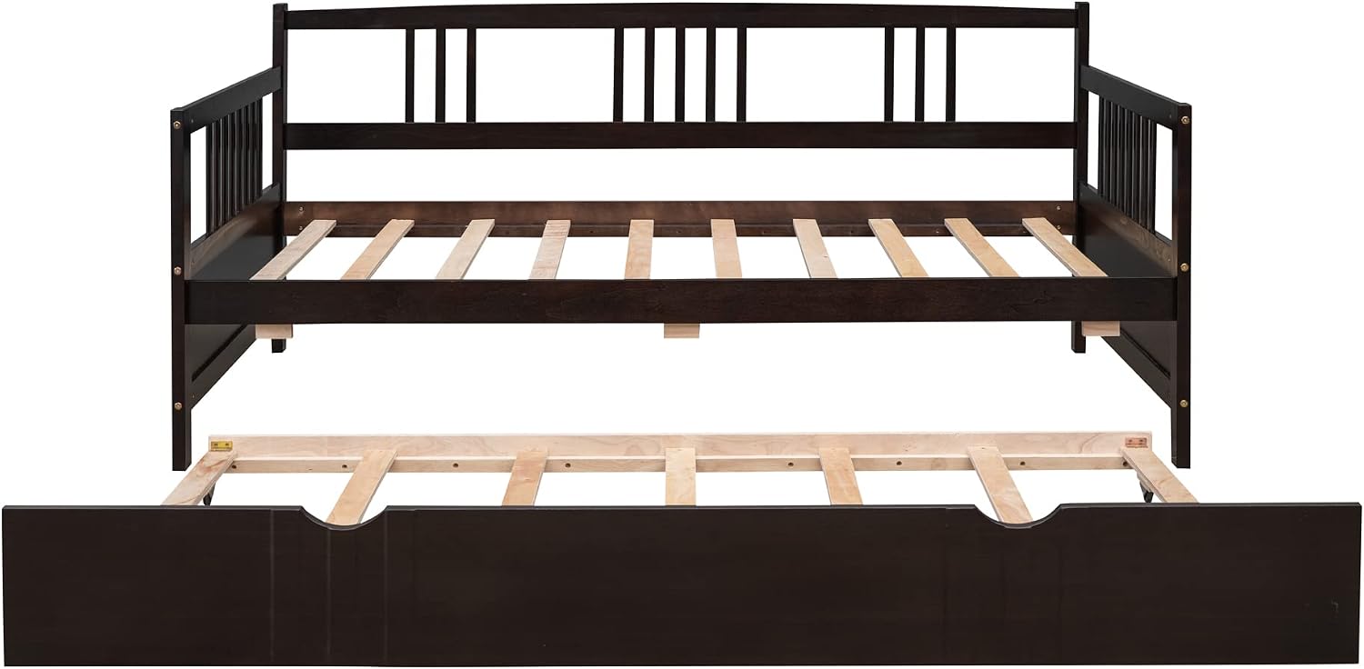 Merax Daybed with Trundle Bed Wooden Slats Support Modern Living Daybed with Rails, Twin Size, Espresso