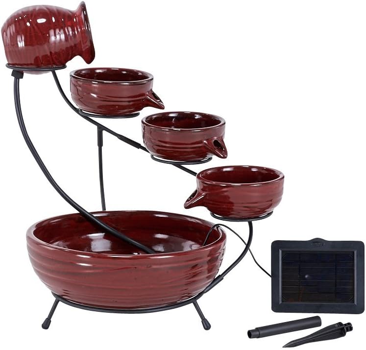 Smart Solar 23941R01 Ceramic Solar Cascade Fountain, Lava Red Finish, Powered by Included Separate Solar Panel, No Operating Costs or Wiring Required Small
