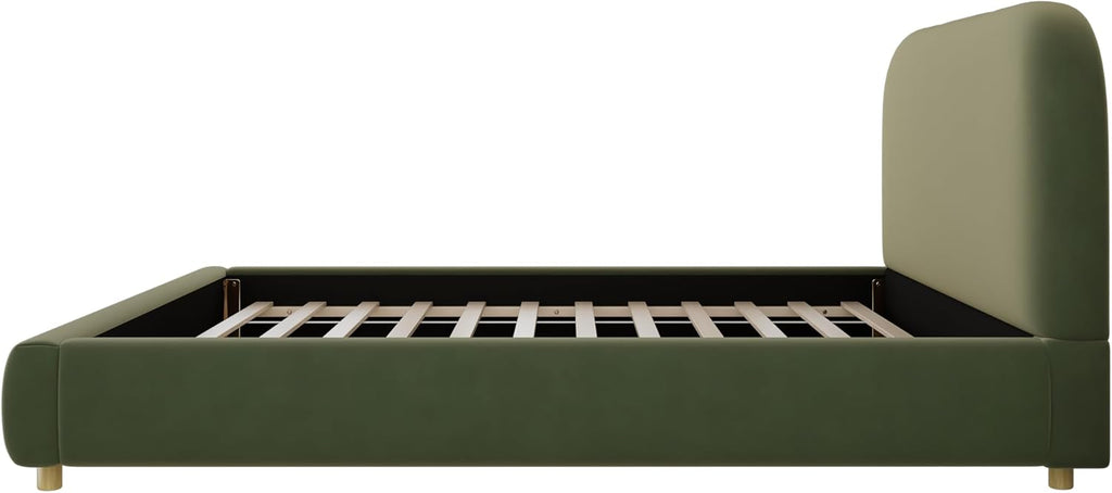 Queen Size Platform Bed with Curve-Shaped Design Headboard, Velvet Fabric Upholstered Platform Bed with Strong Support, Modern Bed Frame, No Box Spring Needed, Easy Assembly (Olive Green,Queen,8)