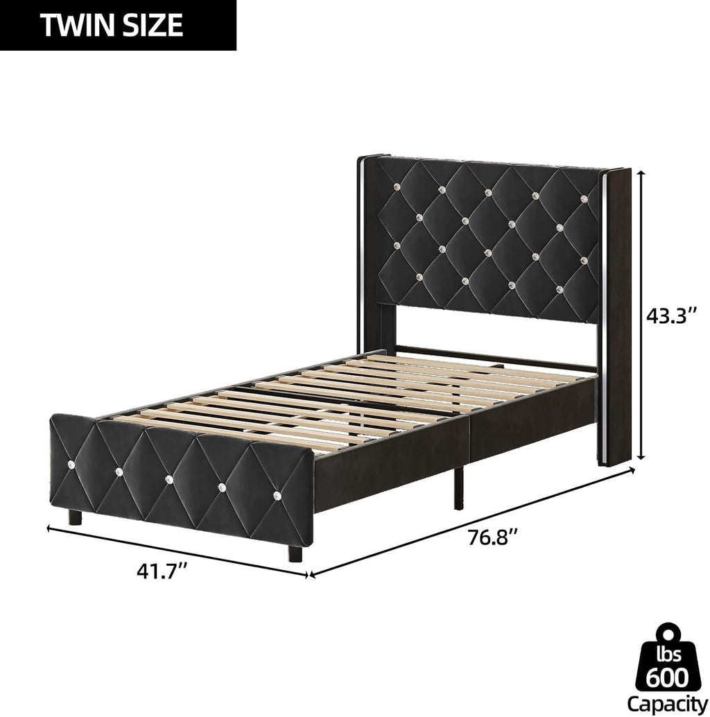 Twin Bed Frame with Headboard, Upholstered Platform Twin Bed Frames with Diamond Tufted Wingback Headboard, 600lbs Heavy Duty Support, Sliver Metal Edge Accents, No Box Spring Needed, Black Velvet