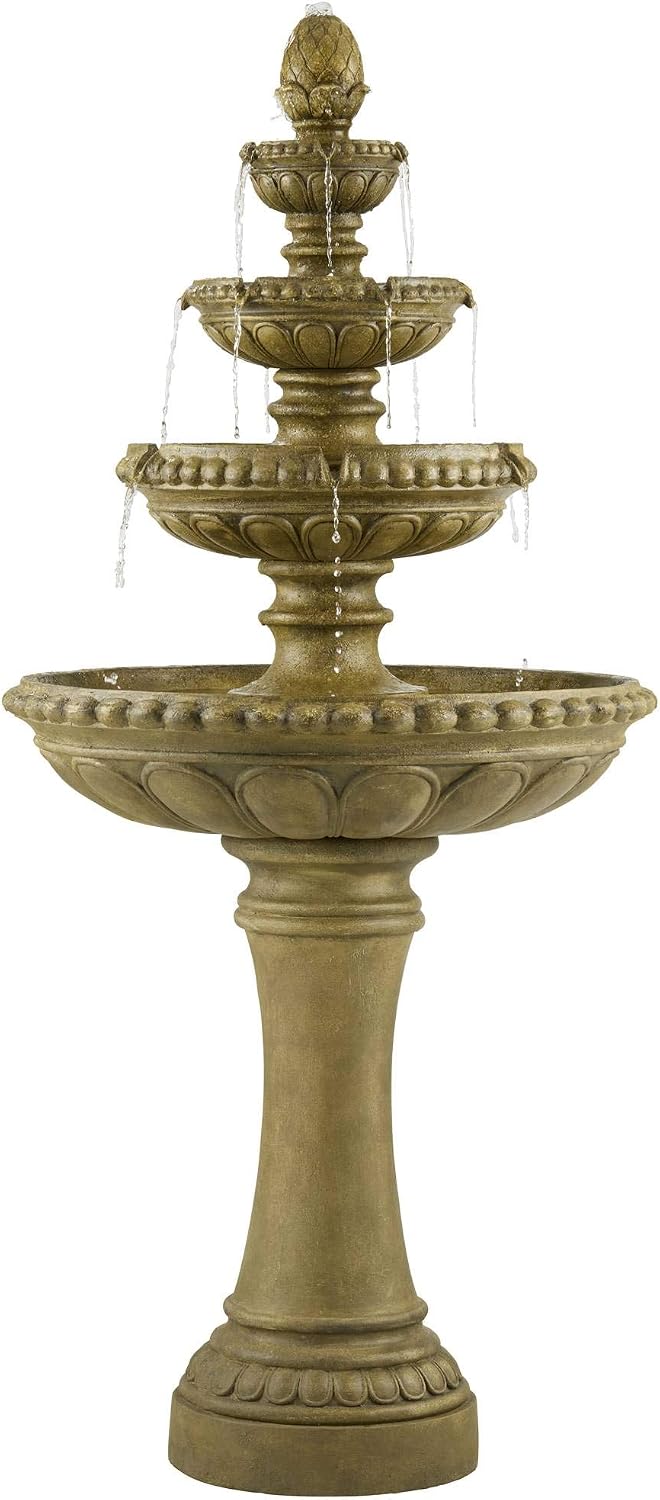 Sag Harbor 66' High Large Italian Outdoor Decor Sand Stone Floor Fountain with Light LED Waterfall 4-Tier Standing Basin Water Feature for Outside Garden Patio Yard Backyard Porch - John Timberland