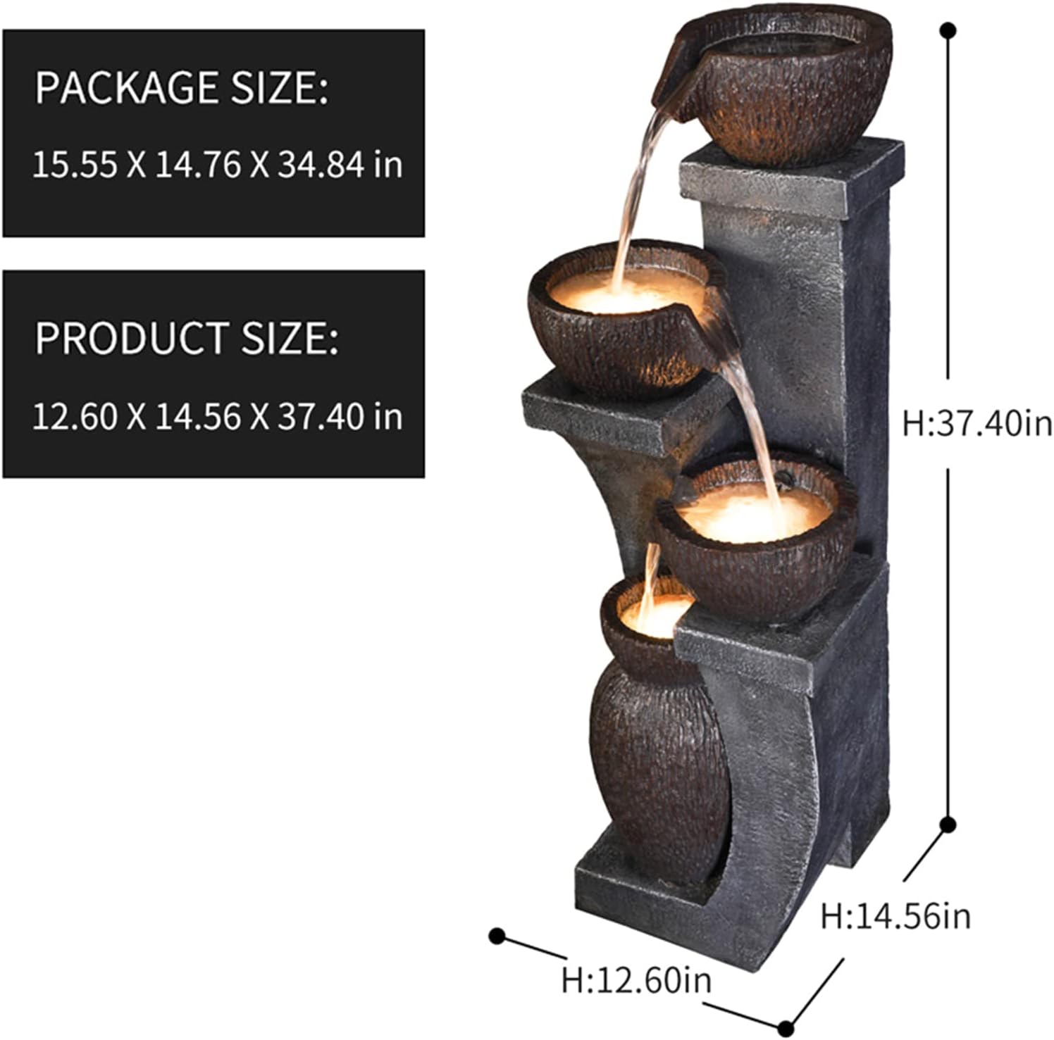 37.4'H Water Fountain Outdoor 4- Crocks Modern Garden Fountains LED Lighted Floor Fountain Natural Polyresin Decor for Garden, Patio, Backyard Ard and Home Art DéCor