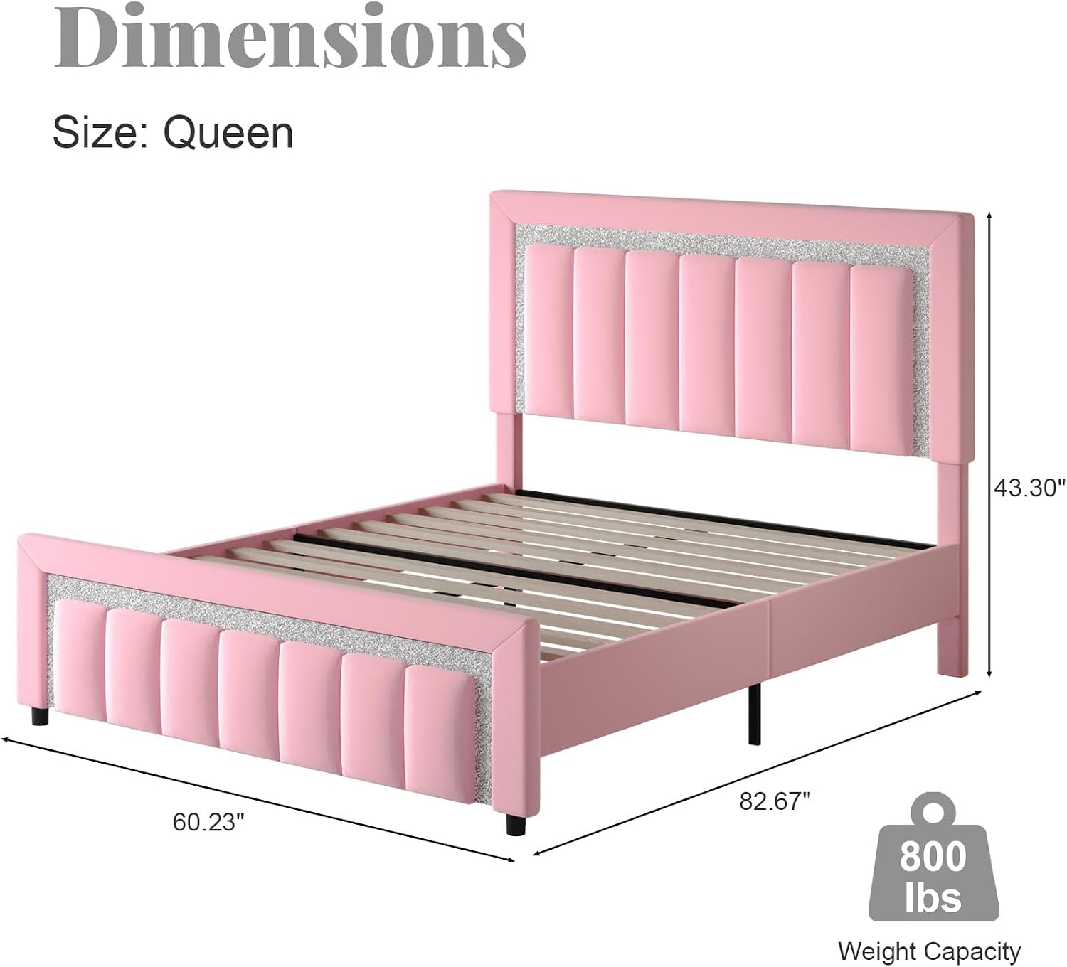HOMBCK Queen Bed Frame, Upholstered Bed Frame with Diamond Headboard, Modern Queen Size Bed with Wooden Slats Support, Mattress Foundation, No Box Spring Needed, Easy Assembly, Pink