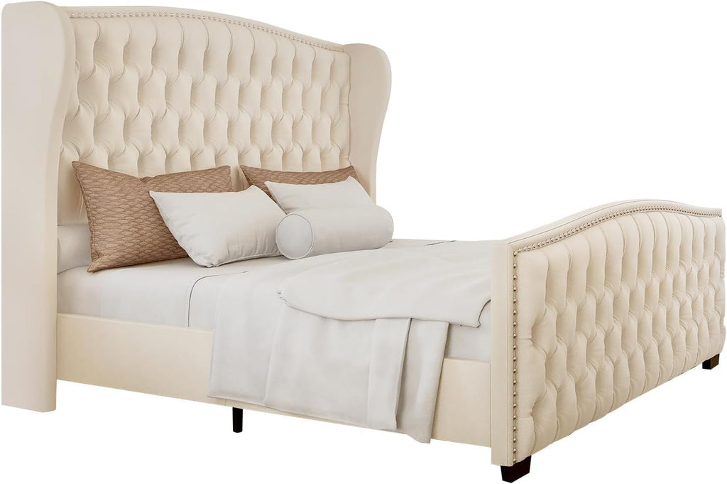 LUXOAK California King Platform Bed Frame, Velvet Upholstered Bed Frame with Wingback Headboard Handmade, Button Tufted & Nailhead, Wooden Slats Support, Cream